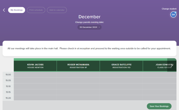 Screenshot of the parents' evening booking screen, displaying the 'Save Your Bookings' button in the bottom-right corner